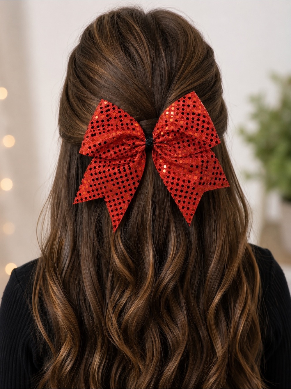 Orange Sequin Cheer Hair Bow Ponytail Holder Sparkly Dance Costume Accessory